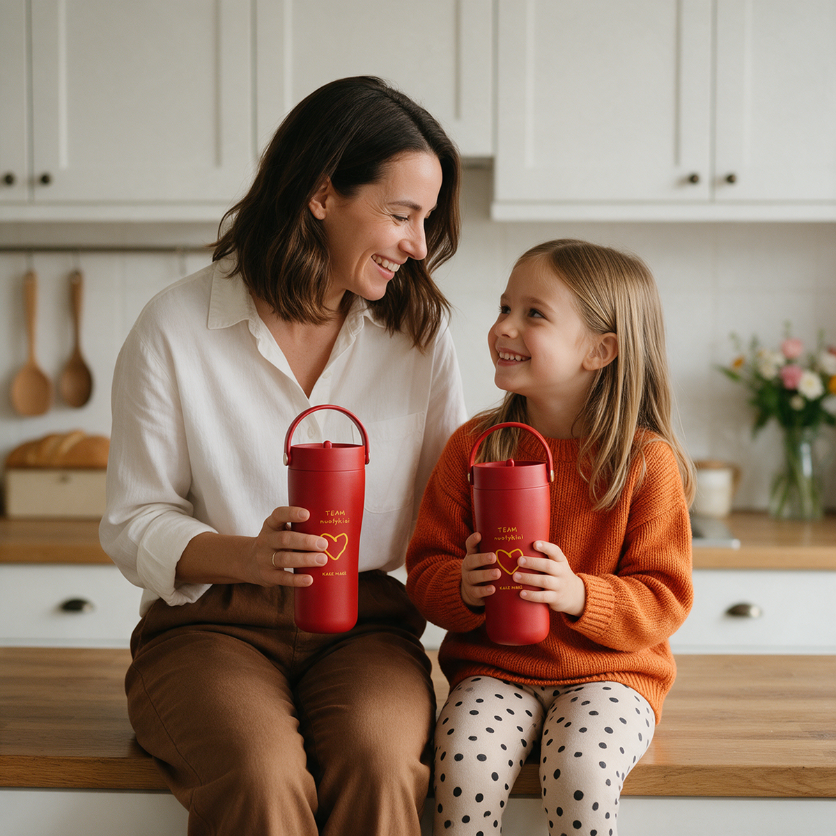 Kakė Makė x EQUA termo gertuvė 600 ml su šiaudeliu ir rankenėle „Širdis trokšta nuotykių“